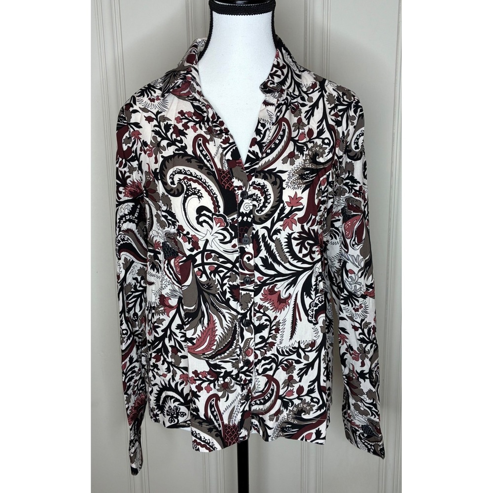Elie Tahari Paisley Floral Button Up Shirt Blouse S Burgundy Viscose Boho Chic